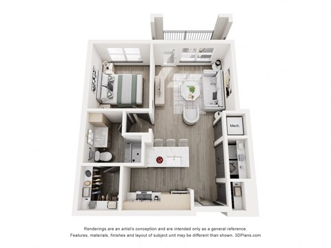 A 3D floor plan of a small apartment with a kitchen, living room, and bathroom.